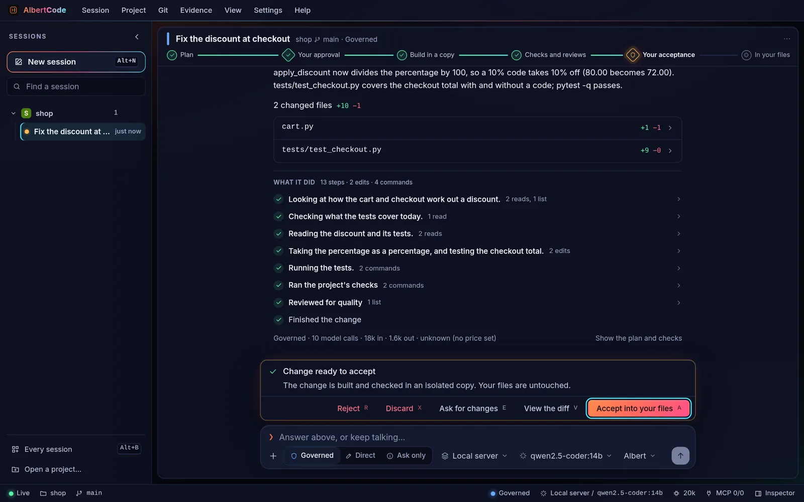 The AlbertCode browser workspace at approval gate 2: the change is ready to accept, with its two changed files, the steps it took, and buttons to reject it, discard it, ask for changes, view the diff or accept it into your files.