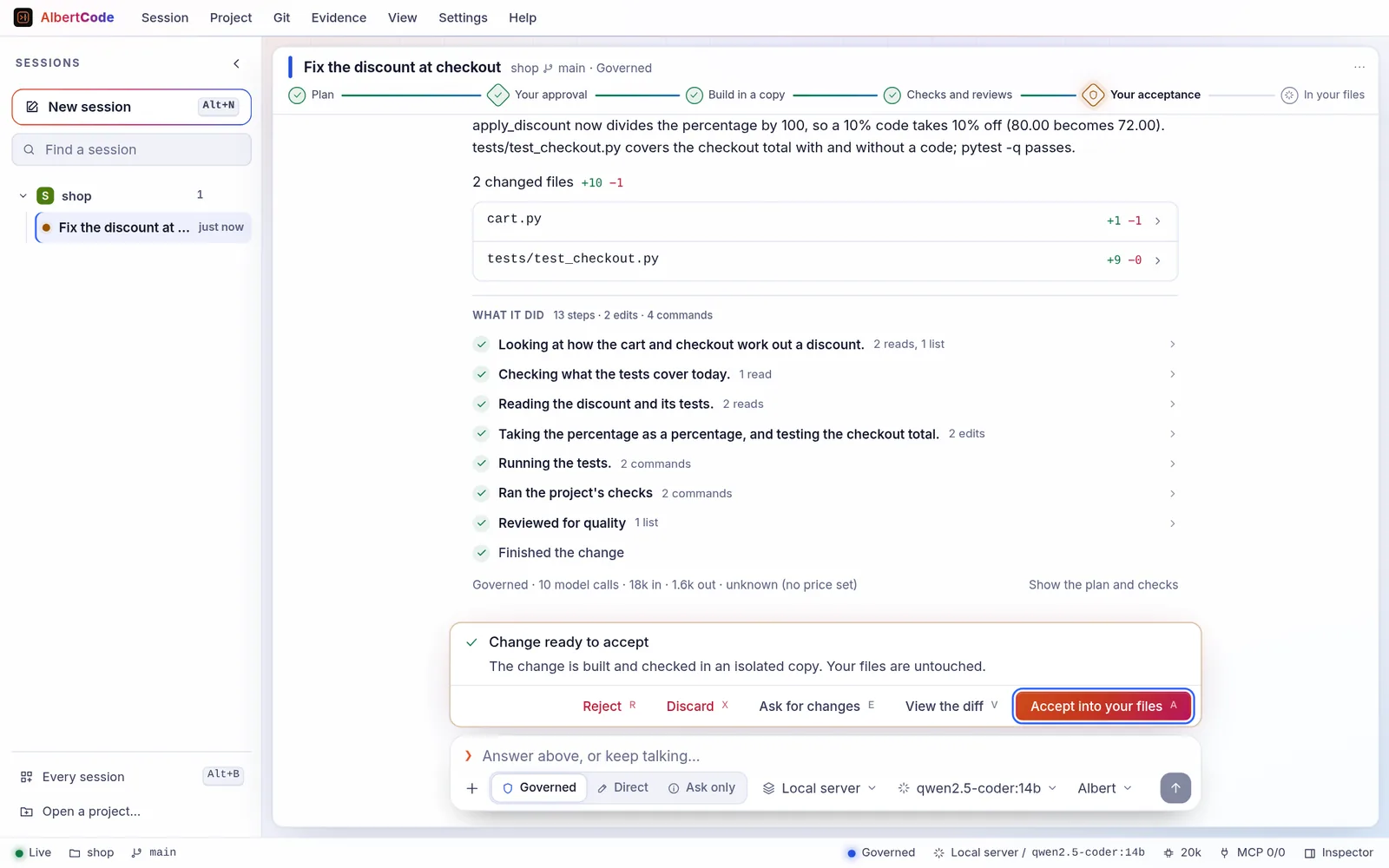 The AlbertCode browser workspace at approval gate 2: the change is ready to accept, with its two changed files, the steps it took, and buttons to reject it, discard it, ask for changes, view the diff or accept it into your files.